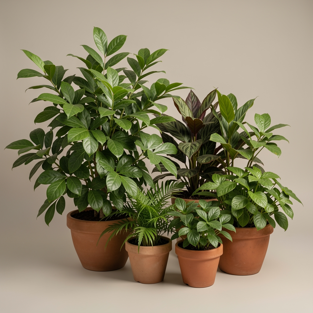 Plantas de exterior con follaje abundante junto a macetas de jardín sobre fondo neutro sin personas