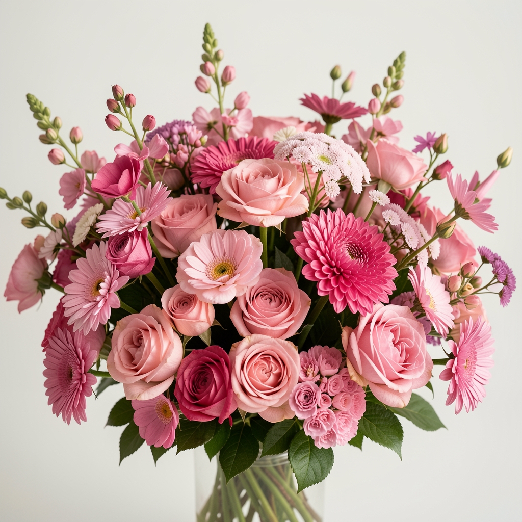 Ramo variado de flores de temporada en tonos rosados sobre fondo claro sin personas