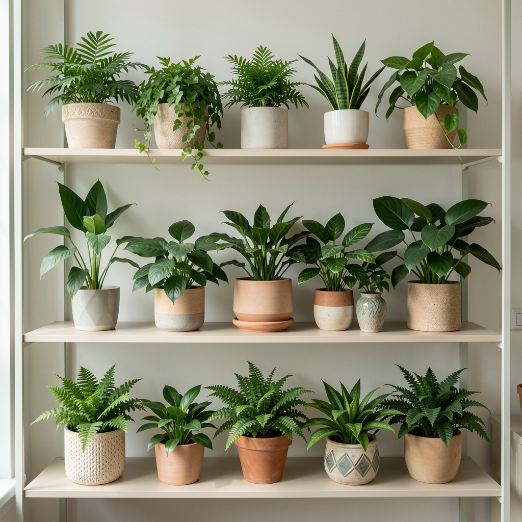 Colección de plantas de interior verdes en macetas decorativas sobre estantería clara sin personas