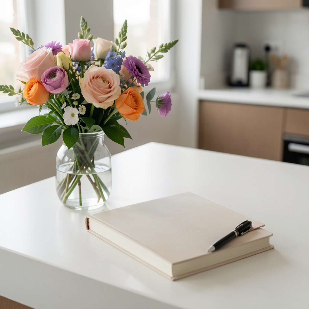 Ramo de flores y libreta de atención sobre un mostrador claro sin personas