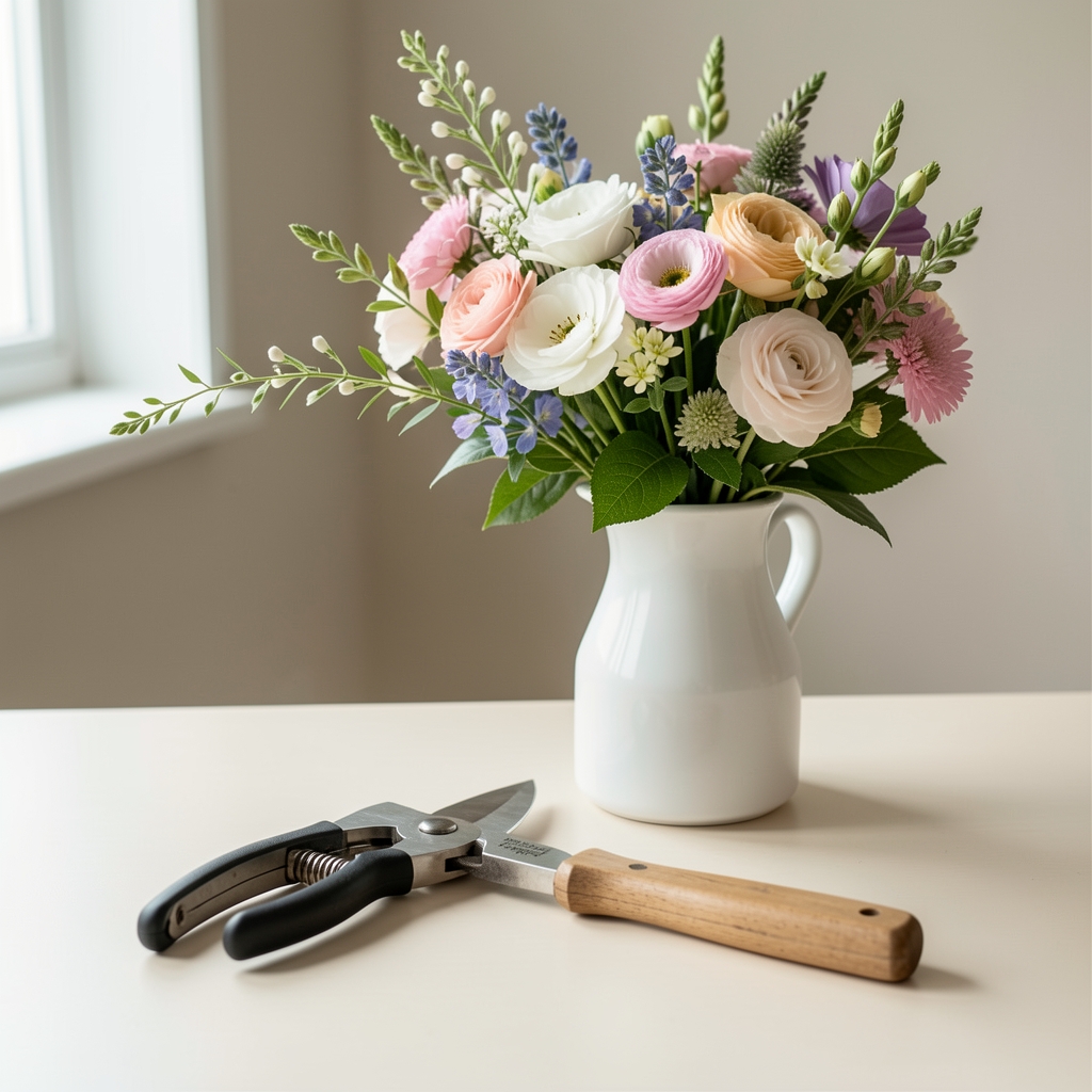 Tijera de jardinería y ramo fresco junto a un florero limpio sobre mesa clara sin personas