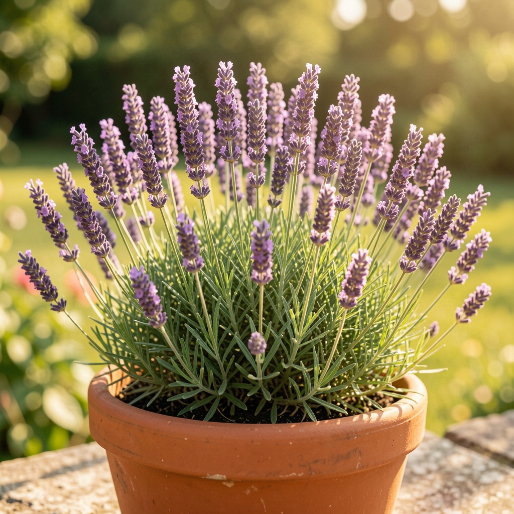 Planta de lavanda florecida en maceta de barro sobre fondo soleado sin personas