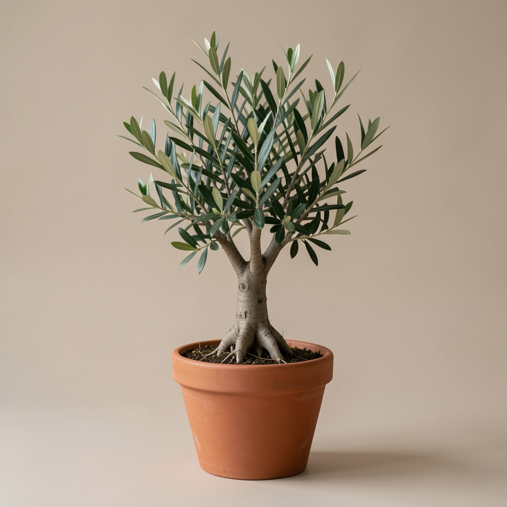 Pequeño olivo ornamental en maceta de terracota sobre fondo neutro sin personas
