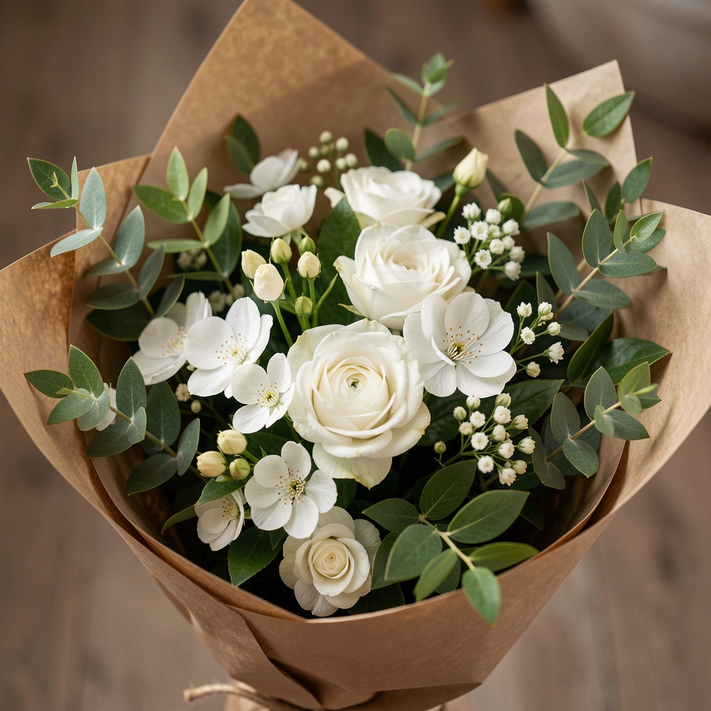 Composición de flores blancas y follaje verde en envoltorio natural sin personas