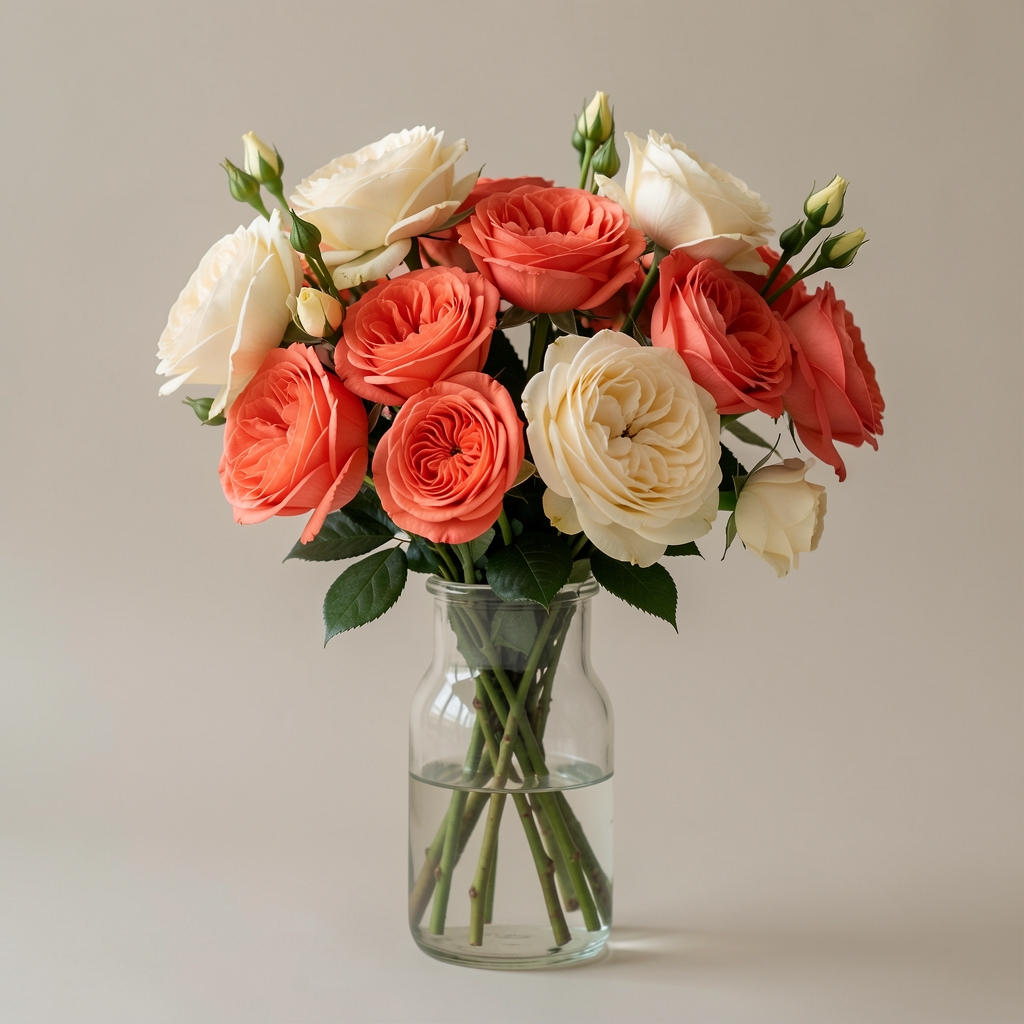 Ramo de flores coral y crema en jarrón de vidrio sobre fondo neutro sin personas