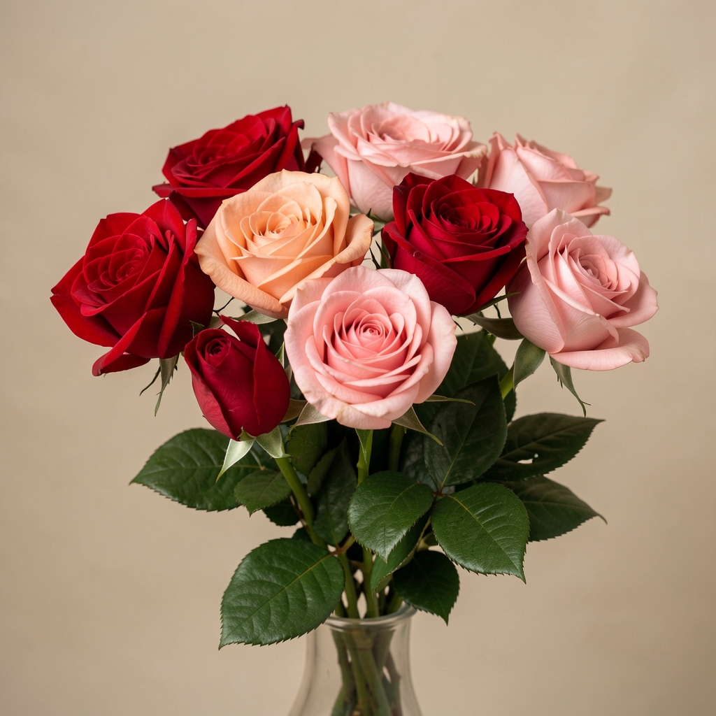 Ramo de rosas rojas y rosadas recién cortadas en papel natural sin personas