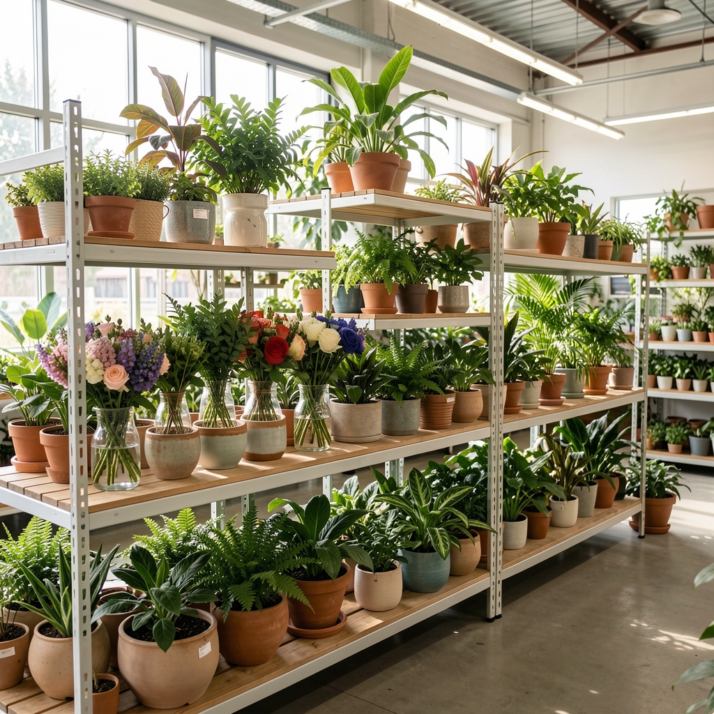 Estanterías con plantas de interior, ramos frescos y macetas de cerámica en un vivero luminoso sin personas