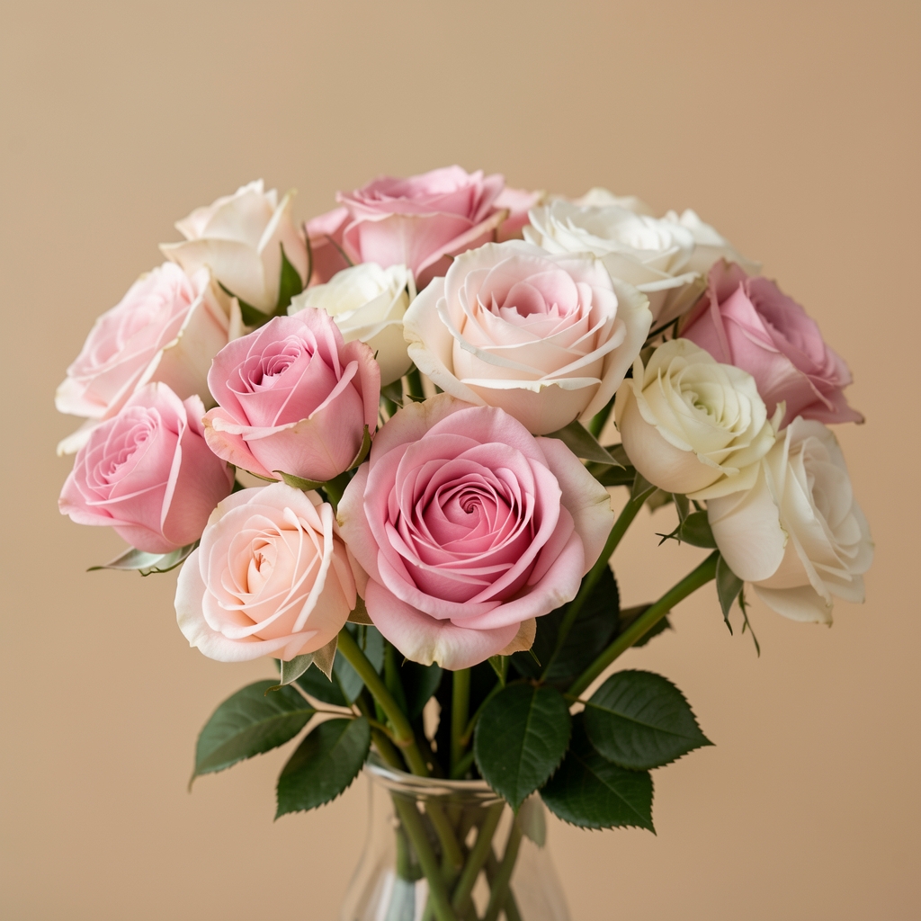 Primer plano de flores rosadas y blancas recién cortadas sobre fondo beige sin personas