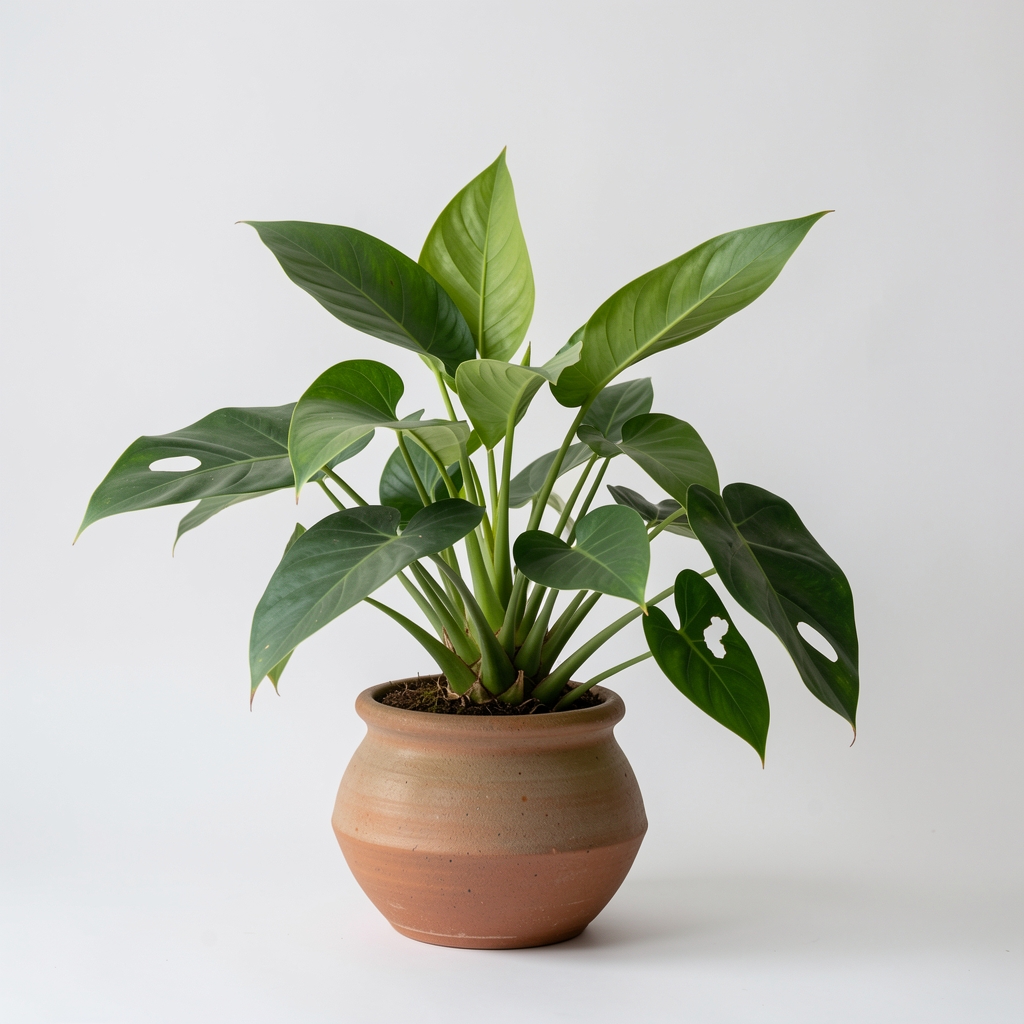 Planta tropical de hojas verdes junto a una maceta artesanal sobre fondo claro sin personas