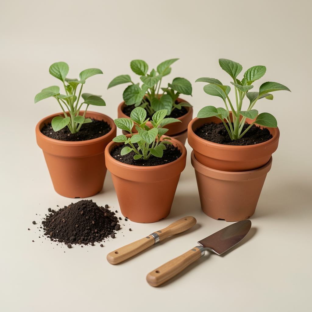 Pequeño kit de huerta con macetas, semillas y herramientas sobre fondo neutro sin personas
