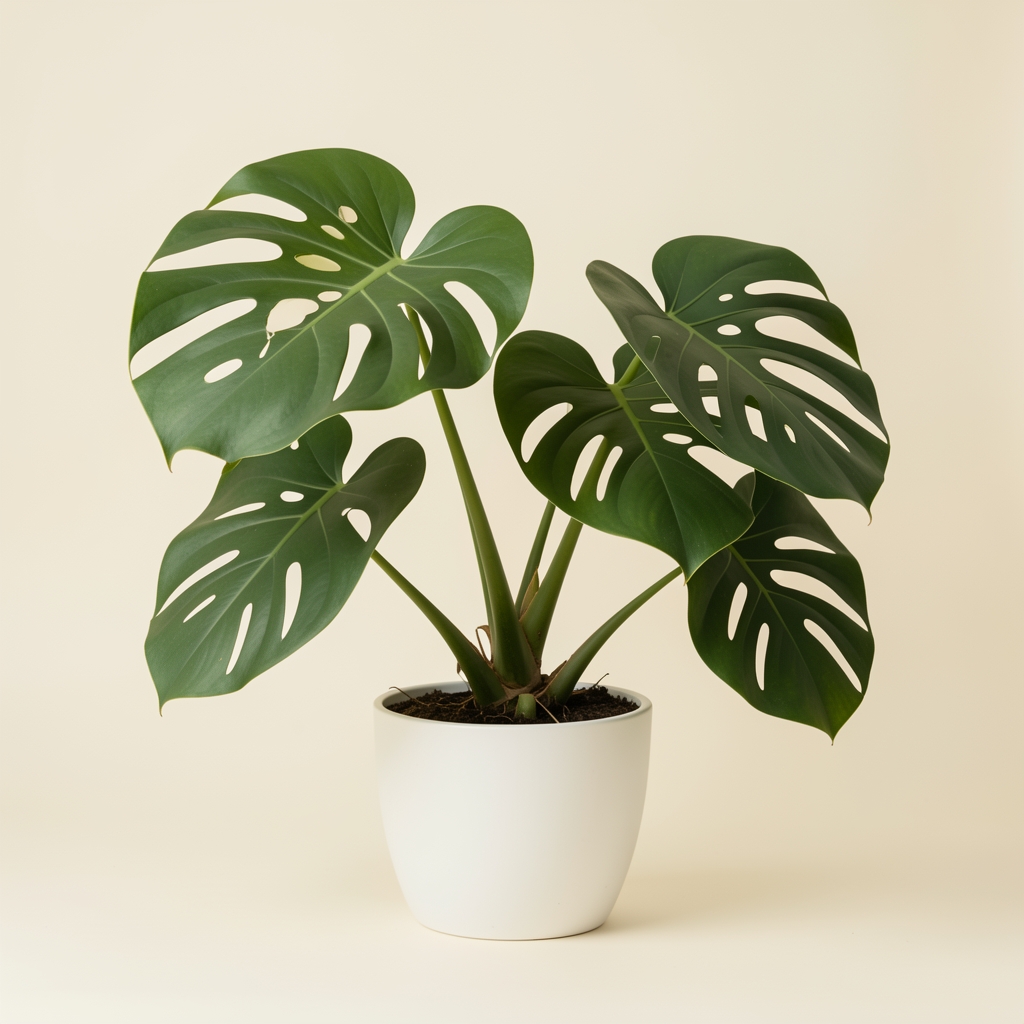 Monstera de hojas grandes y perforadas en maceta blanca sobre fondo marfil sin personas