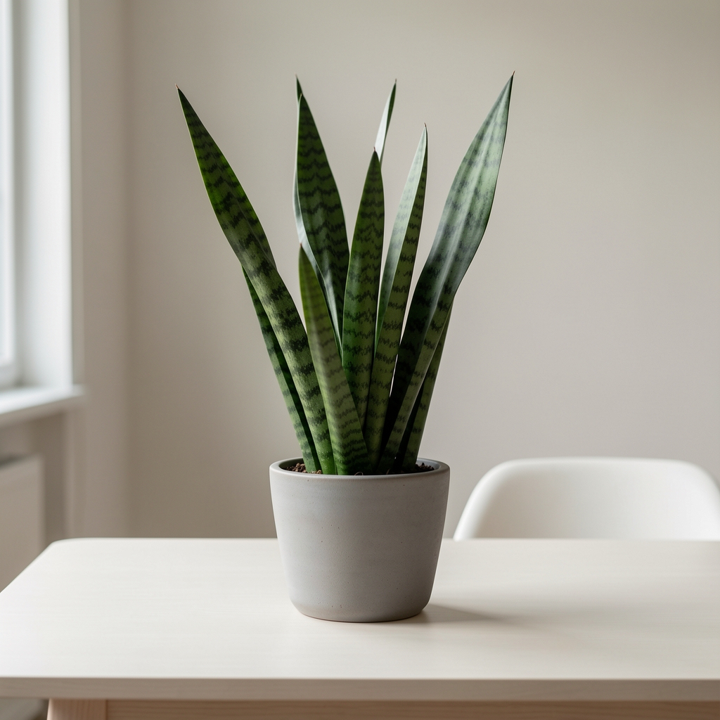 Sansevieria de hojas verticales en maceta cerámica gris sobre mesa clara sin personas