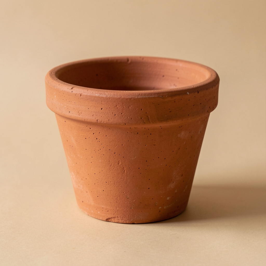 Maceta de terracota artesanal con textura natural sobre fondo beige sin personas