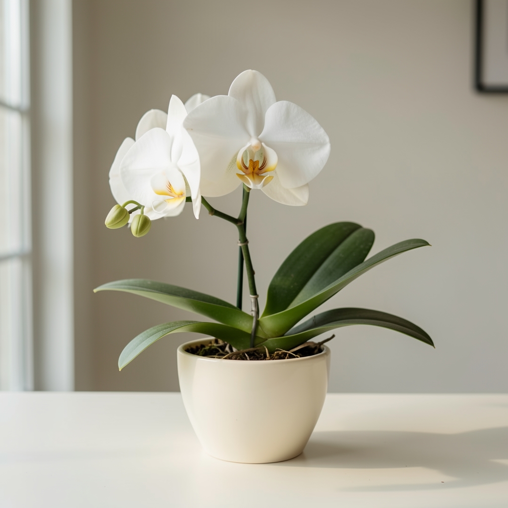 Orquídea blanca abierta en una maceta de cerámica marfil sobre una mesa clara sin personas